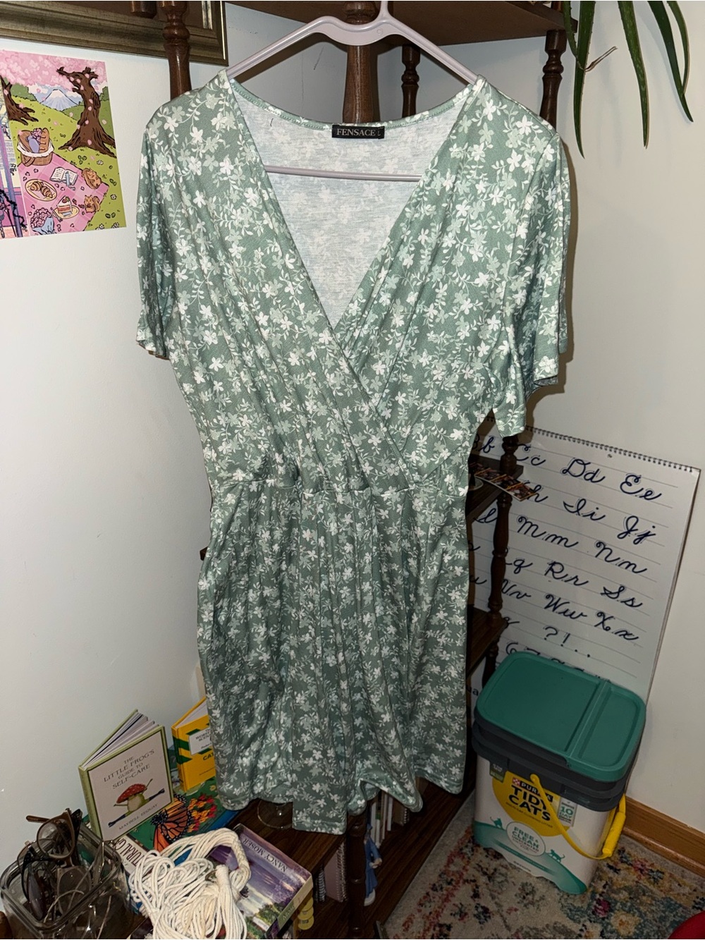Floral Wrap Short Sleeve Dress in Sage Green